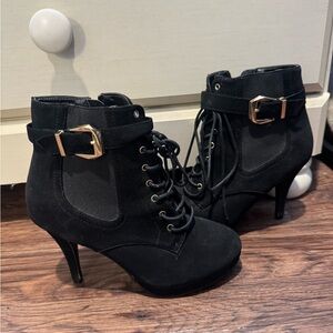 Forever 21 Black Heeled Boots with Gold Buckle